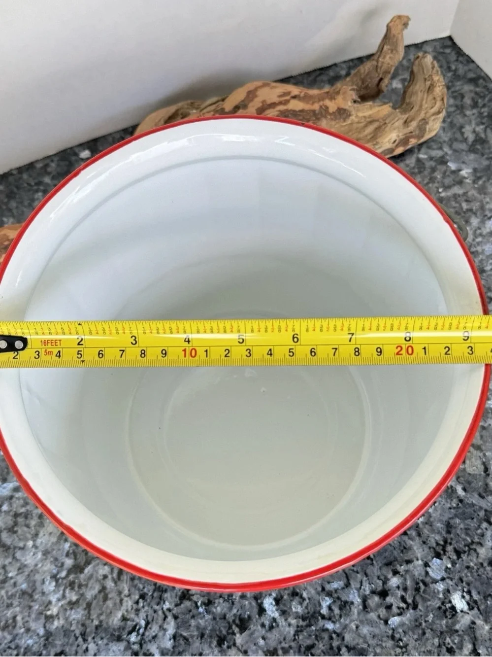 Vintage Fesco Porcelain Enamelware Pot With Wooden Handle, 8” White & Red Bucket